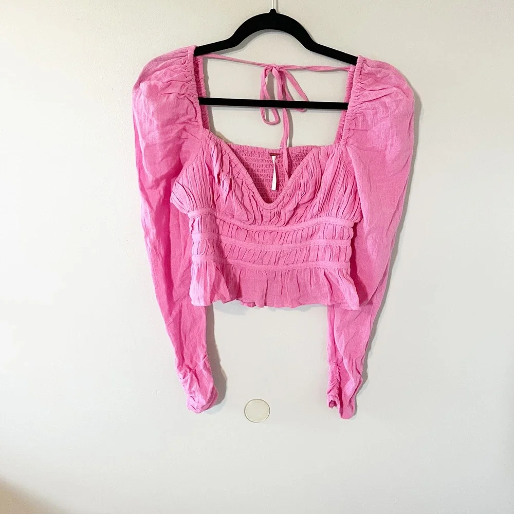 Free People Chloe Top Pink Smocked Long Sleeve Pleated Sweetheart Crop XS NEW